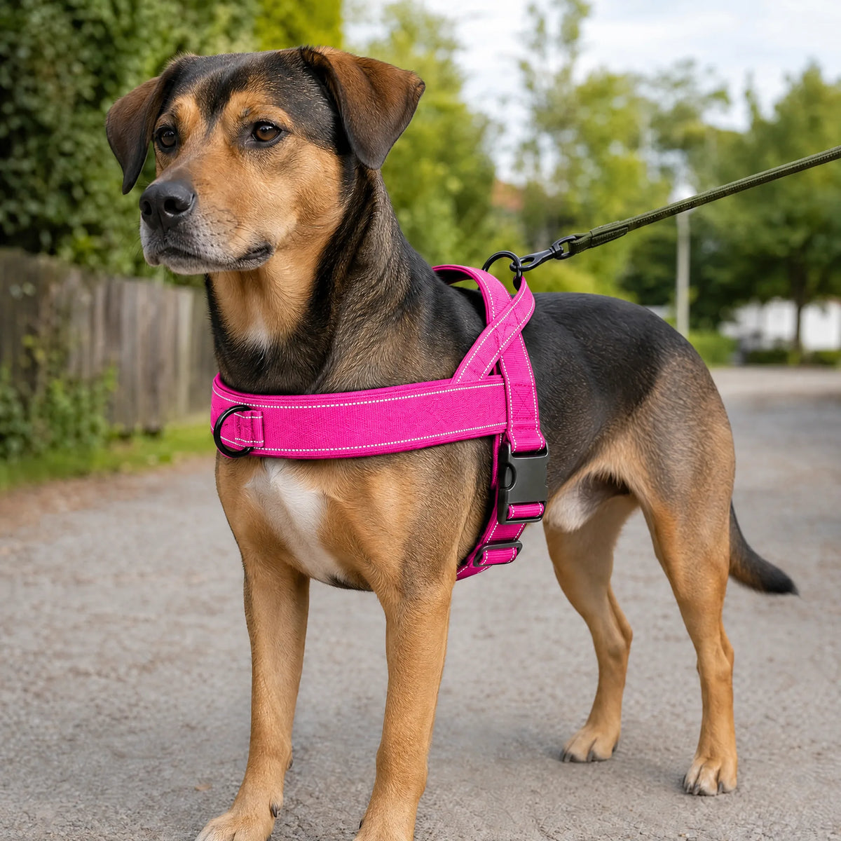 Cane al parco con pettorina tattica rosa anti trazione