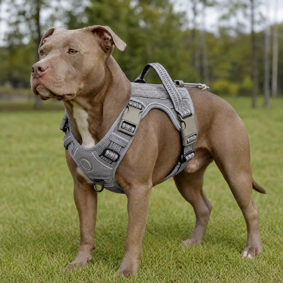 Cane sul prato con la pettorina tattica grigio chiaro