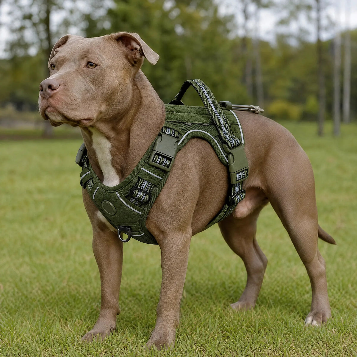 Cane sul prato con la pettorina tattica verde militare