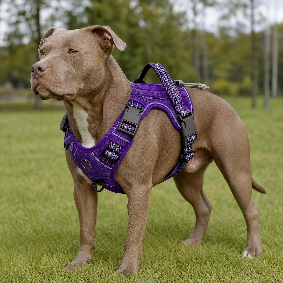 Cane che passeggia sul prato con la pettorina tattica viola