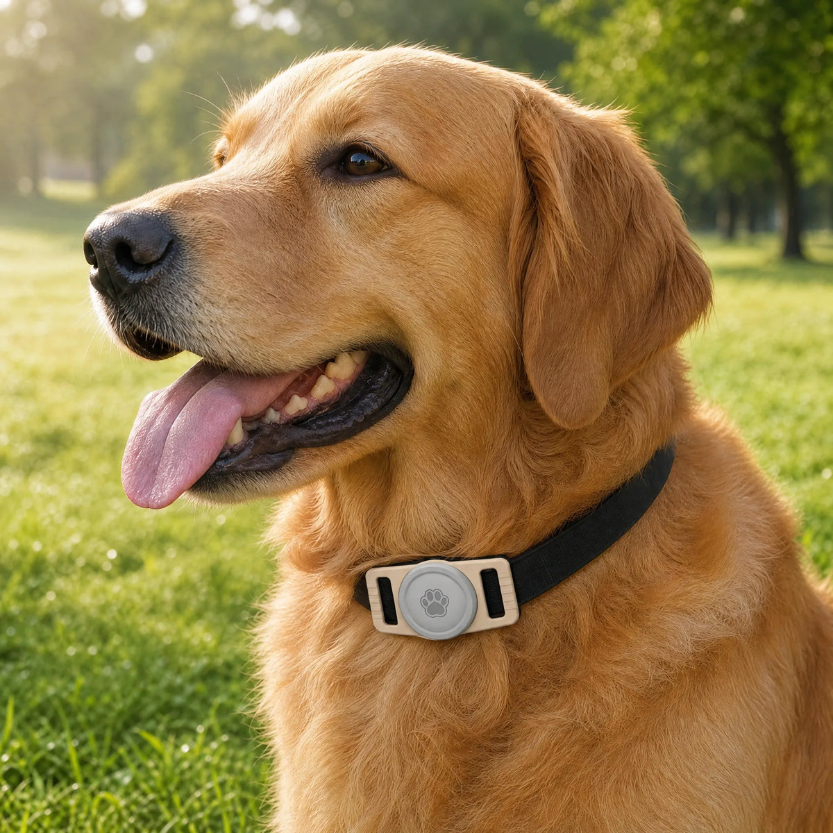 Golden retriever al parco con porta AirTag beige e grigio sul collare