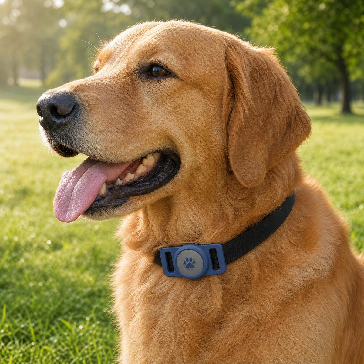 Golden retriever al parco con porta AirTag blu e grigio sul collare