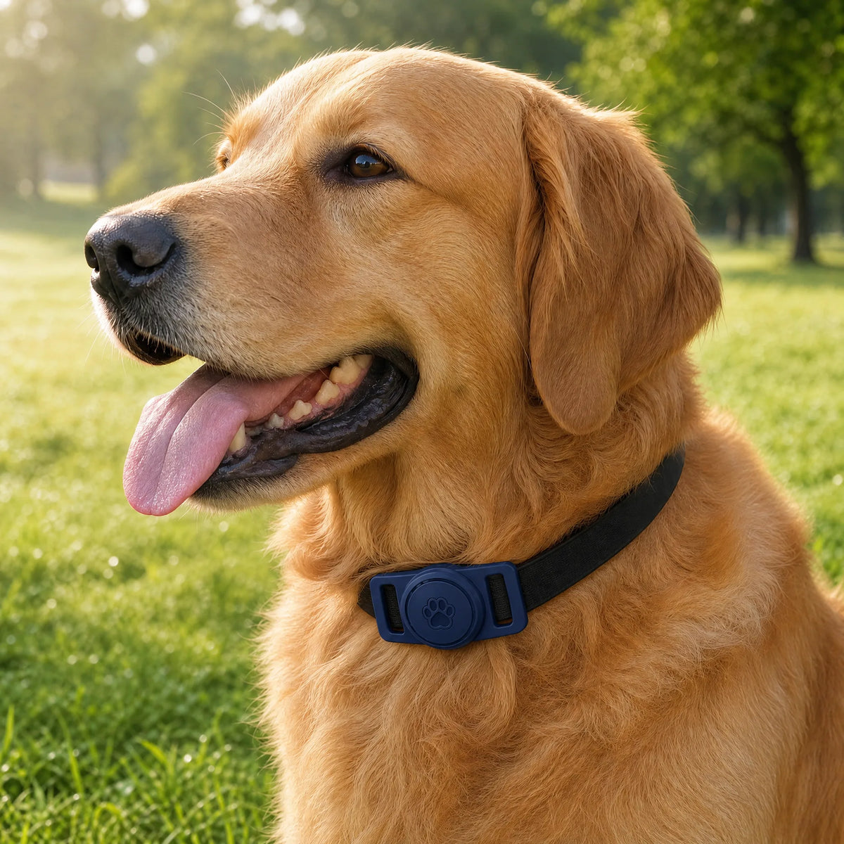 Golden retriever al parco con porta AirTag blu navy sul collare