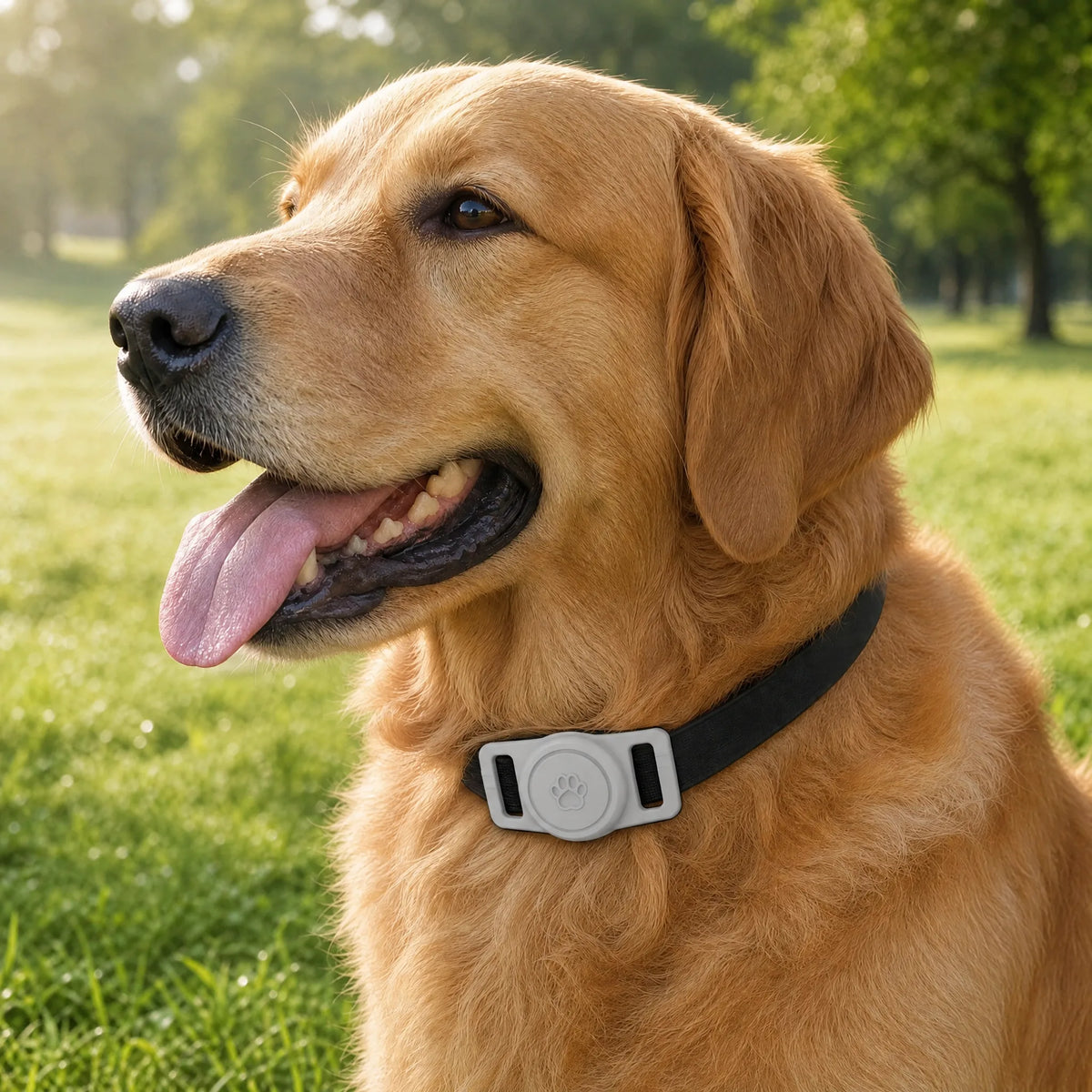 Golden retriever al parco con porta AirTag grigio chiaro sul collare