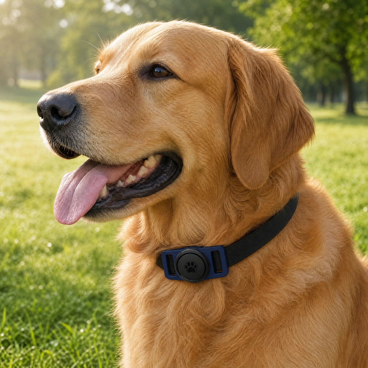 Golden retriever al parco con porta AirTag navy e nero sul collare