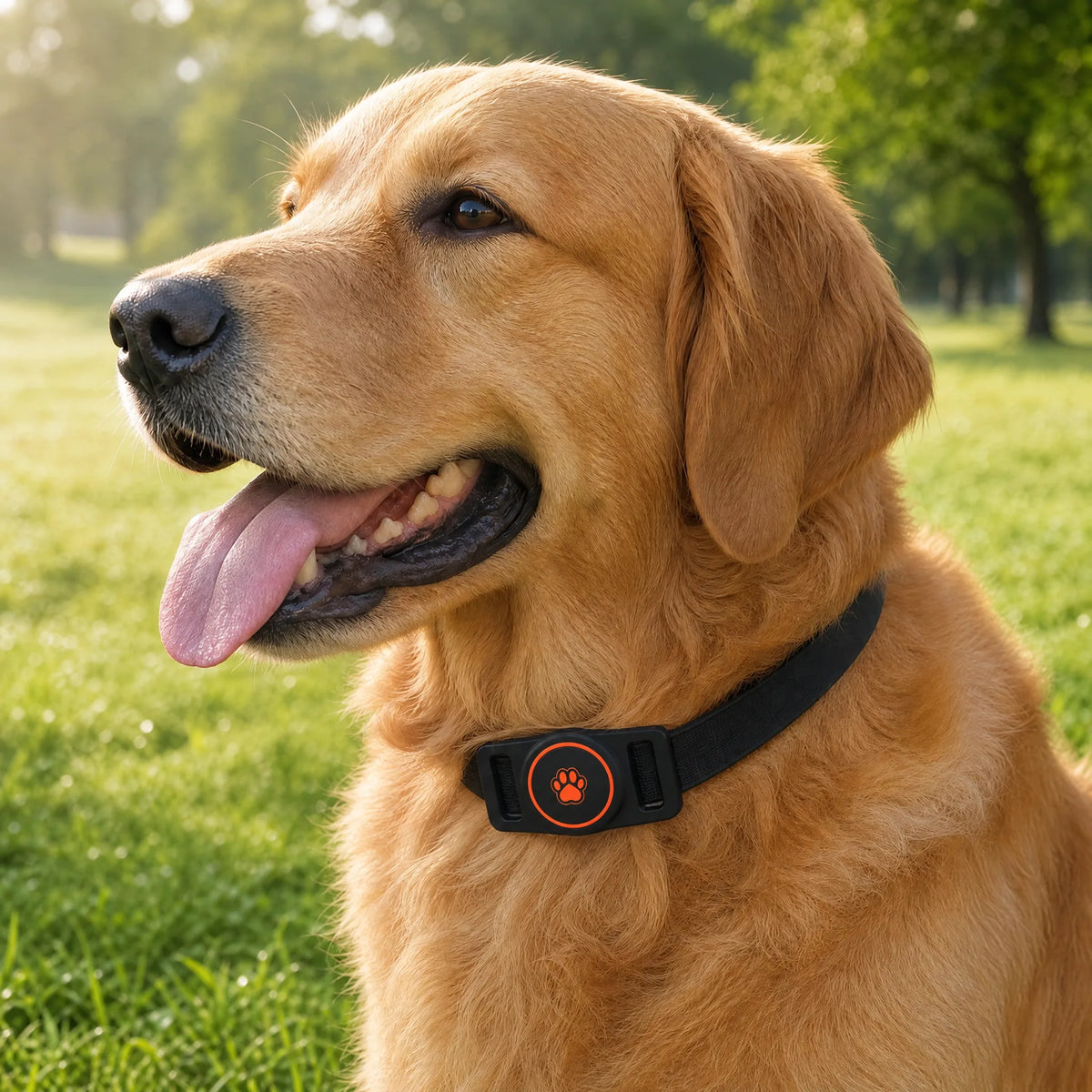 Golden retriever al parco con porta AirTag nero e arancio sul collare