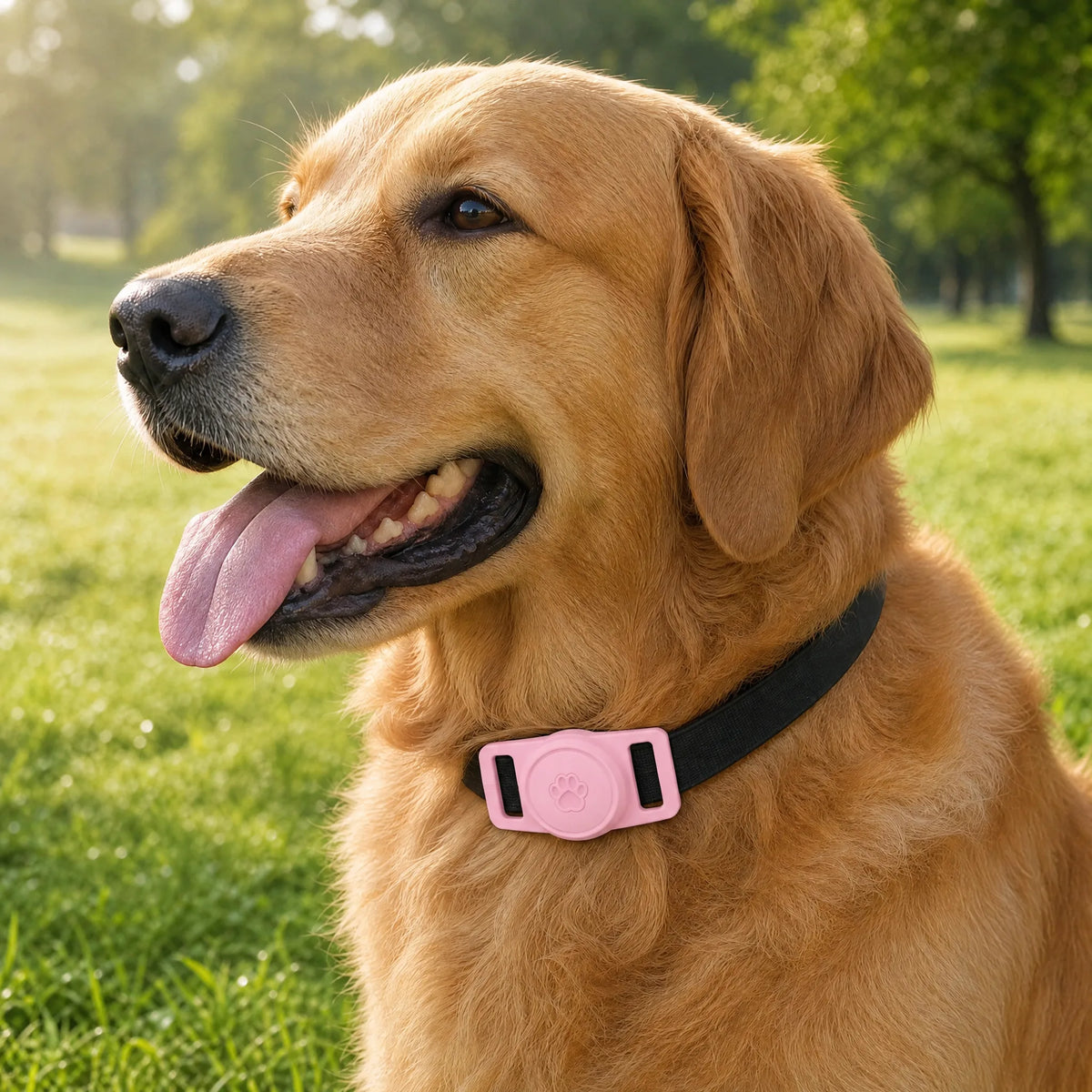 Golden retriever al parco con porta AirTag rosa sul collare