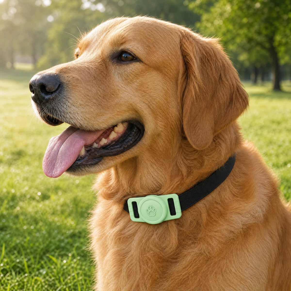 Golden retriever al parco con porta AirTag verde chiaro sul collare