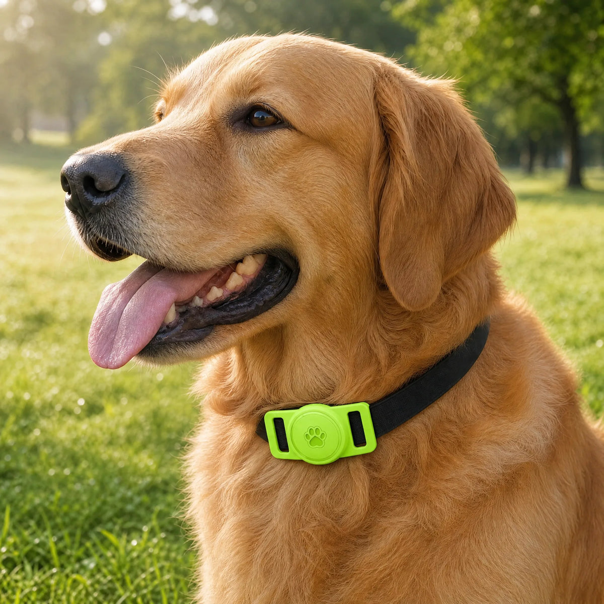 Golden retriever al parco con porta AirTag verde fluo luminoso sul collare