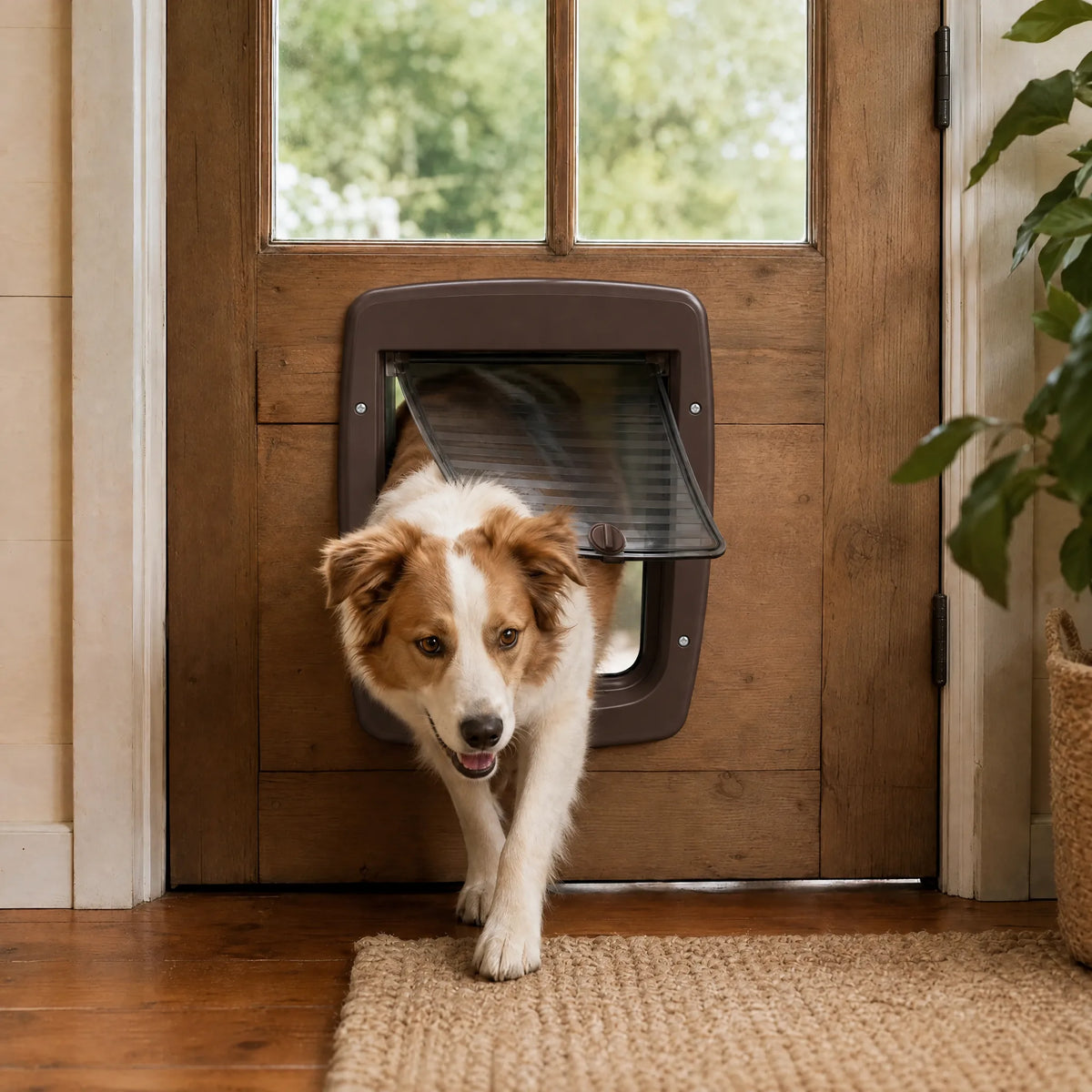 Cane che attraversa la portina basculante marrone installata sulla porta di casa