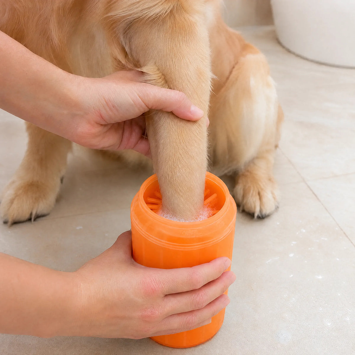 Zampa del cane pulita in casa con il pulisci zampe a bicchiere arancione