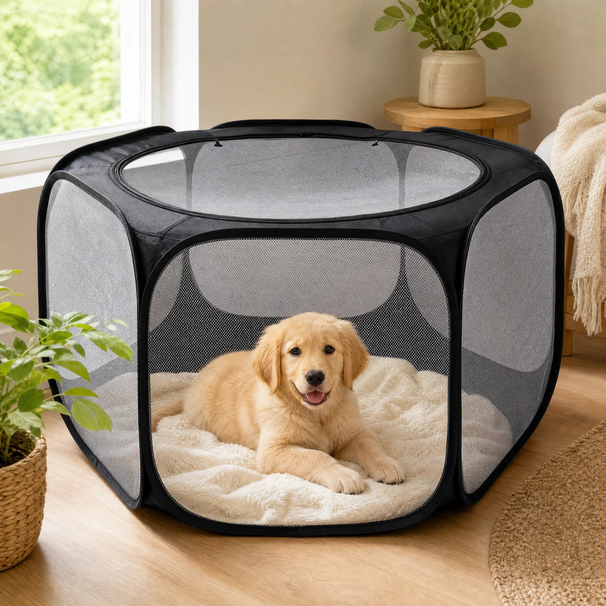 Cucciolo di golden retriever sdraiato dentro il recinto portatile pieghevole nero in un angolo casa soleggiato