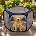 Cucciolo di golden retriever seduto dentro il recinto portatile pieghevole nero su una terrazza soleggiata