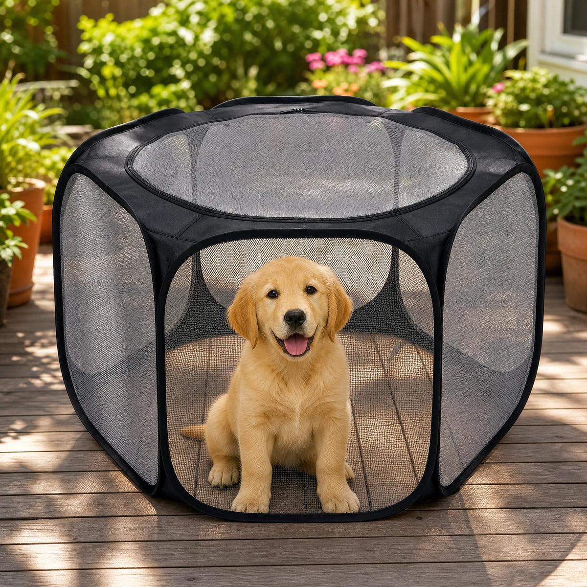 Cucciolo di golden retriever seduto dentro il recinto portatile pieghevole nero su una terrazza soleggiata