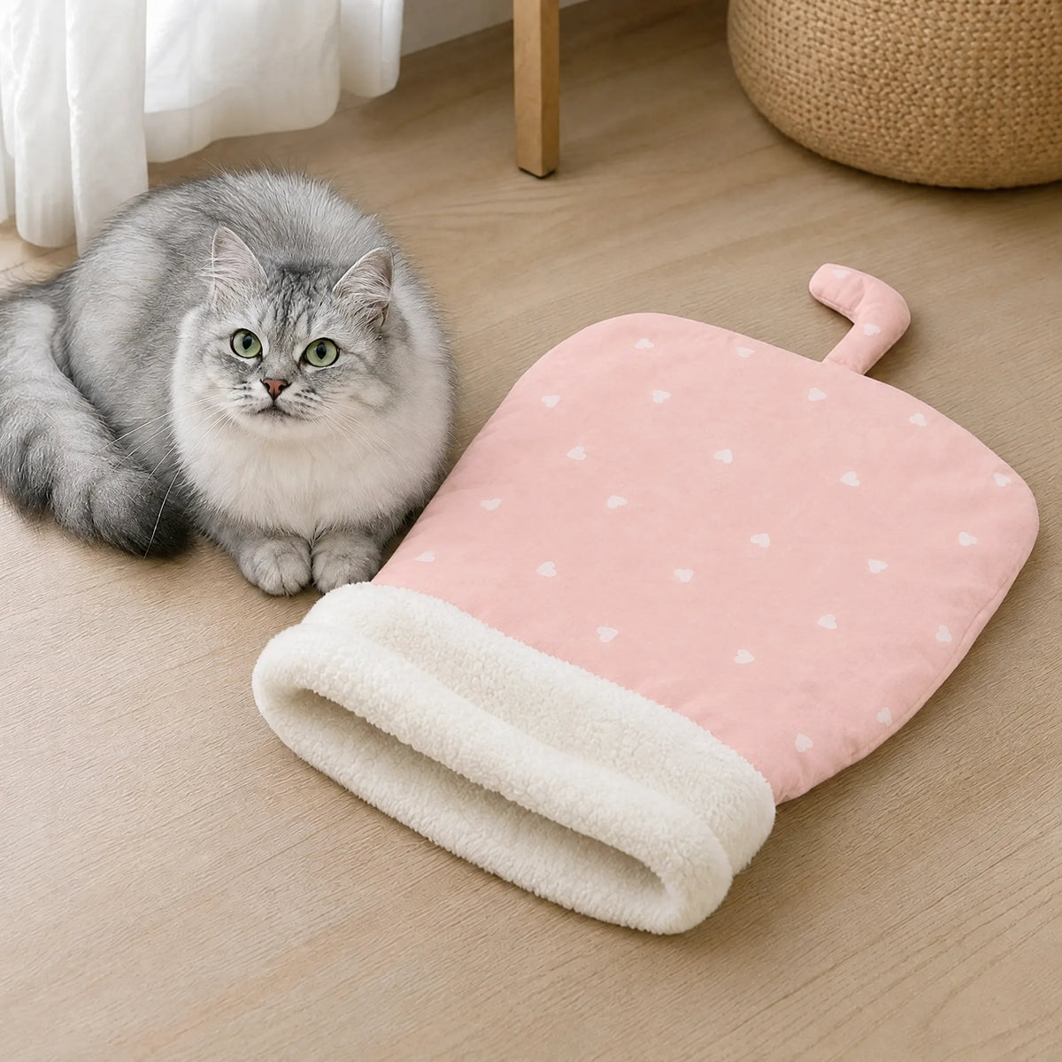Gatto disteso sul pavimento accanto al sacco a pelo rosa con fantasia a cuori