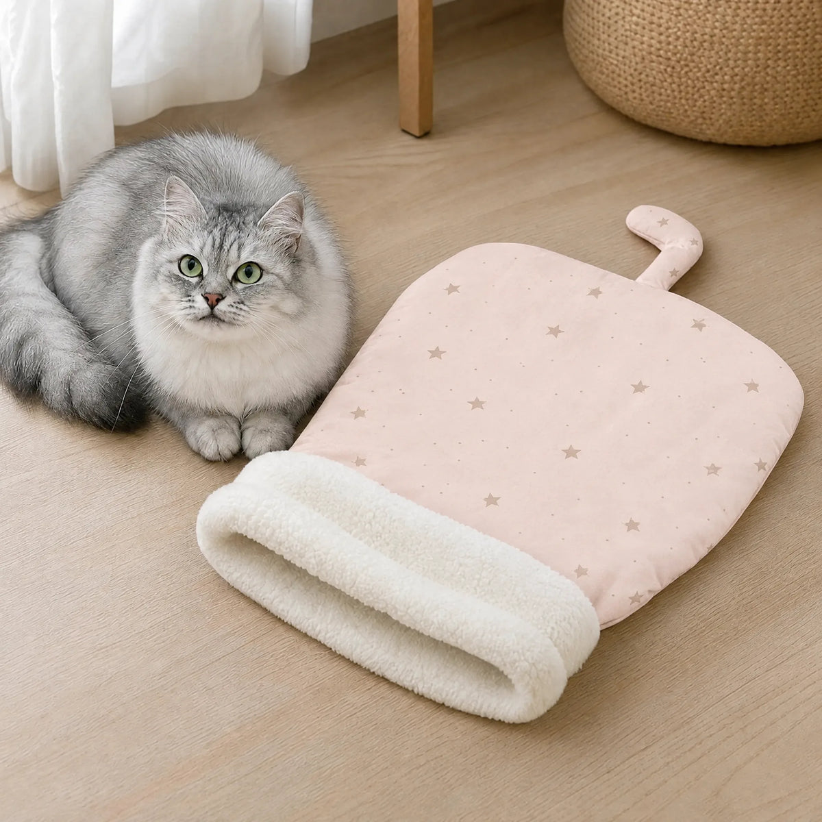 Gatto disteso sul pavimento accanto al sacco a pelo rosa con fantasia a stelle