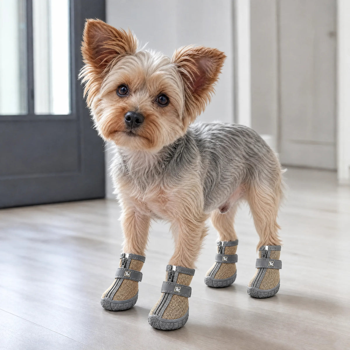 Cane che cammina in casa con le scarpe antiscivolo cachi