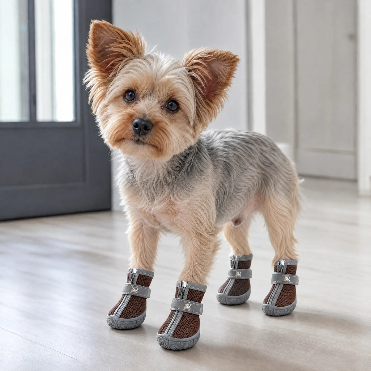 Cane che cammina in casa con le scarpe antiscivolo in mesh marrone