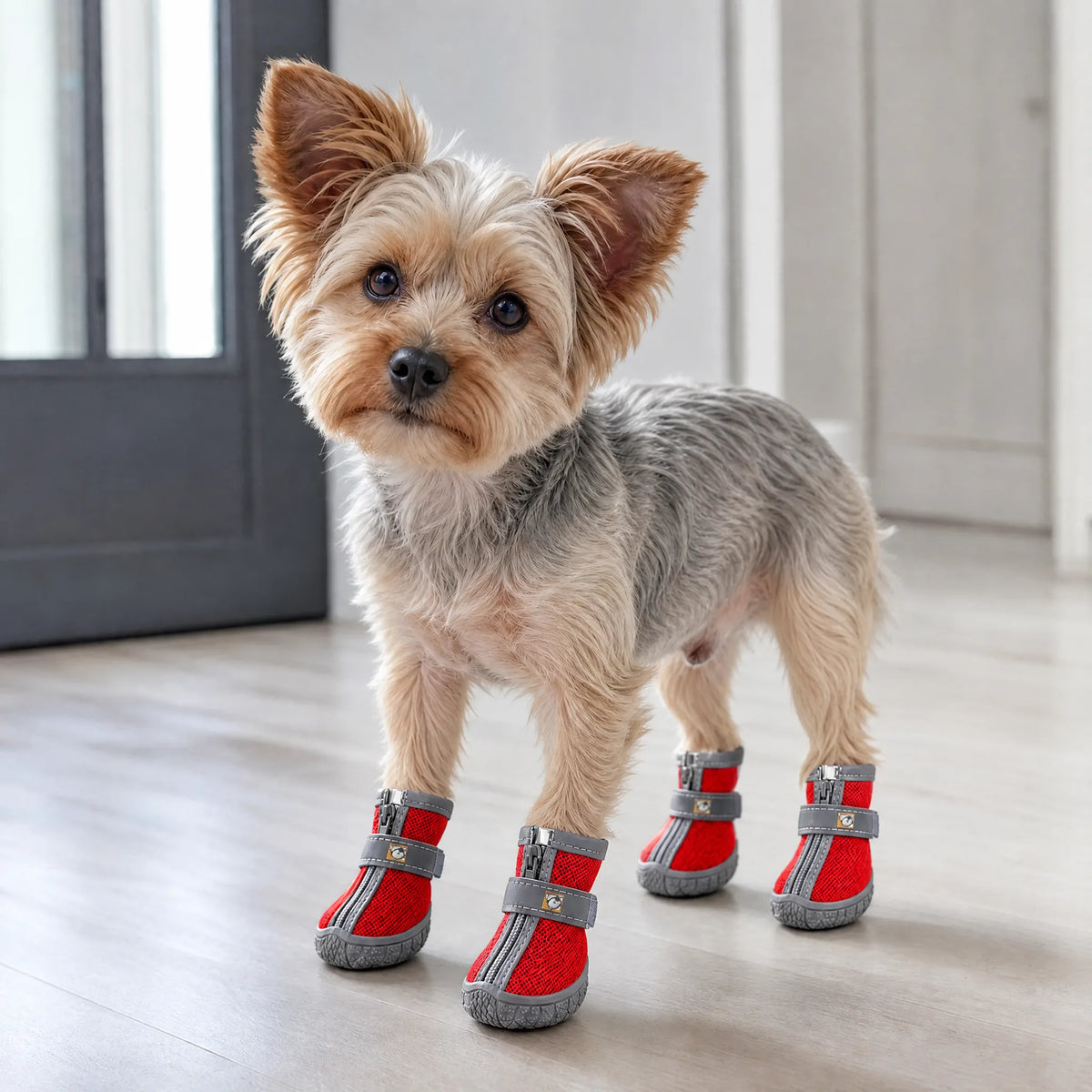 Cane che cammina in casa con le scarpe antiscivolo rosse