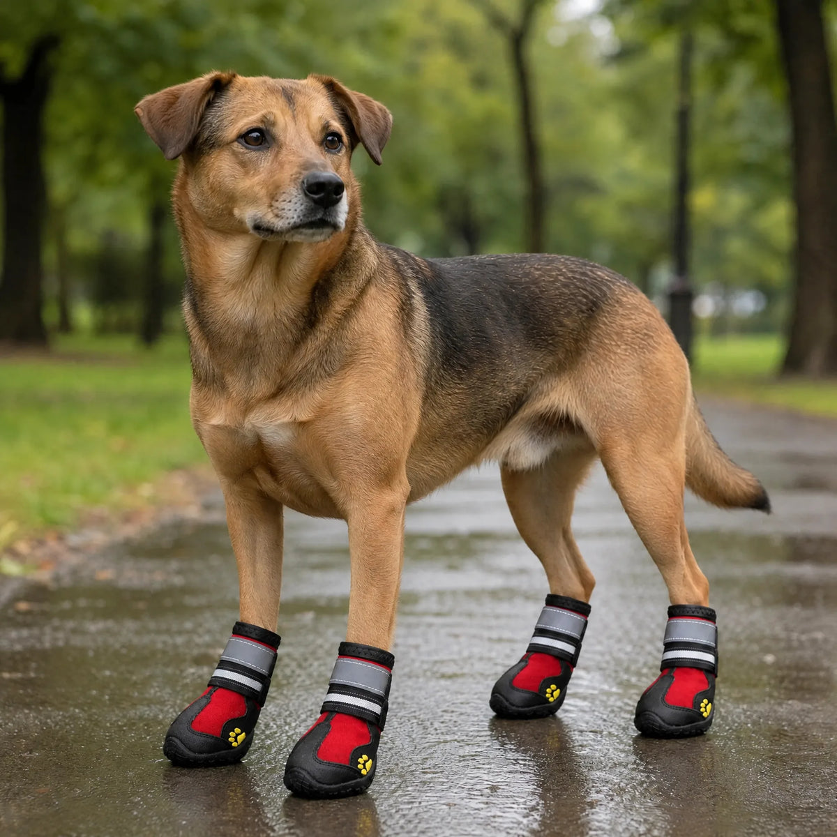 Cane che passeggia sul bagnato con stivaletti impermeabili color rosso