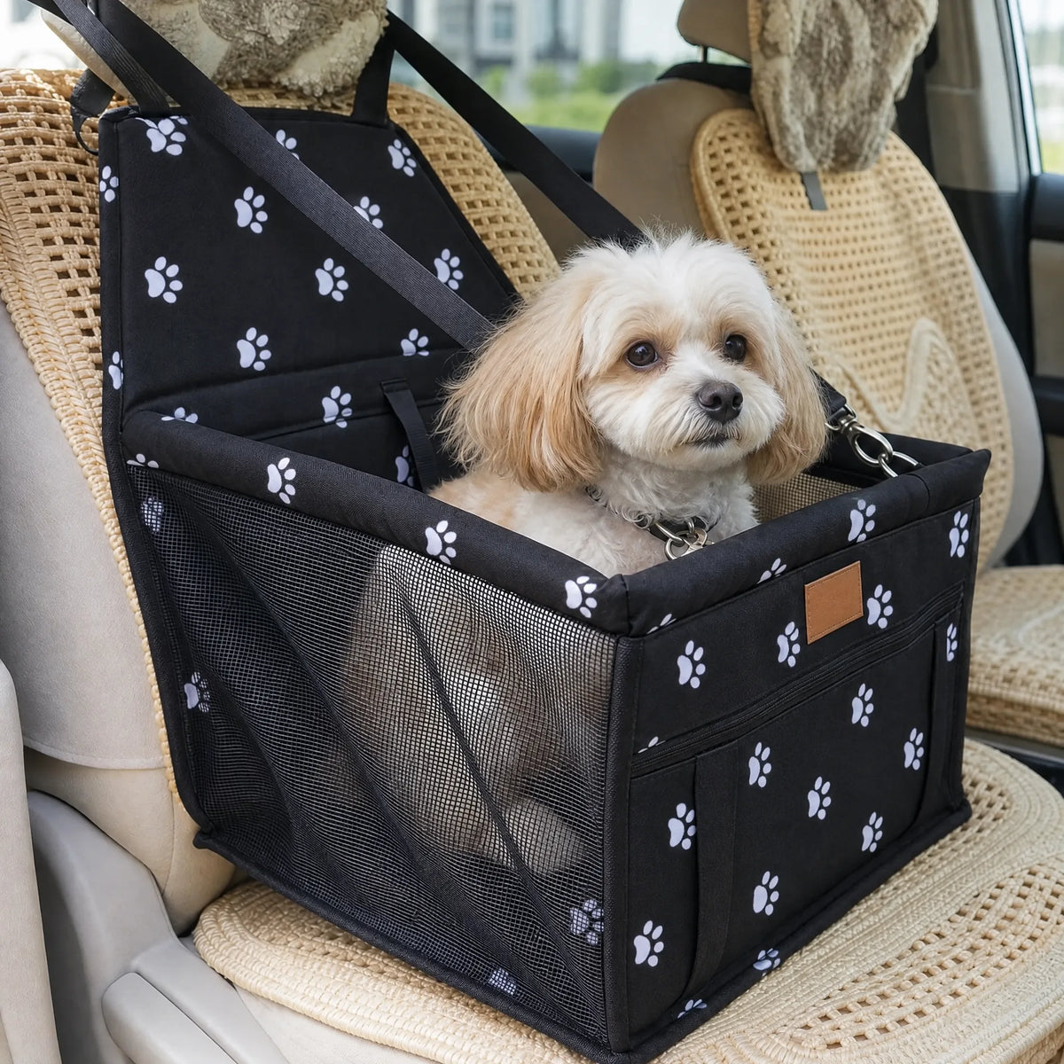 Cane seduto in auto nel seggiolino nero con stampa a zampe