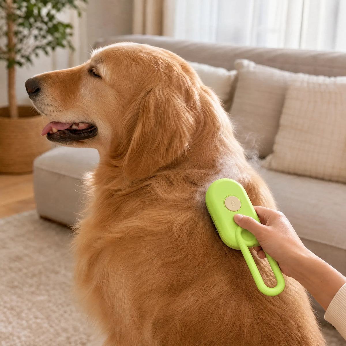 Golden retriever spazzolato in salotto con la spazzola a vapore 3 in 1 verde