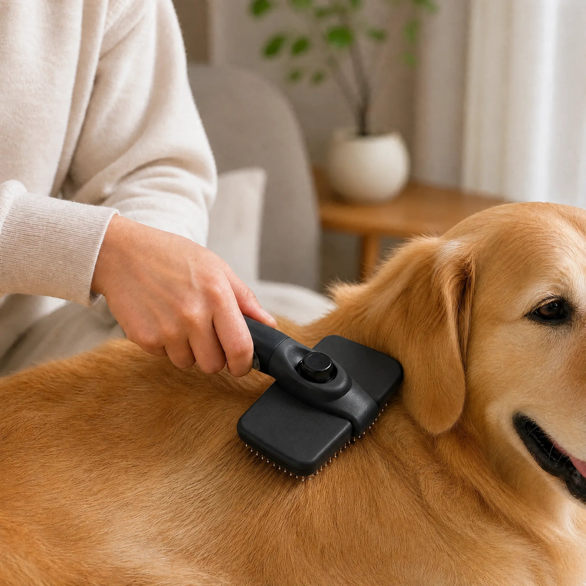 Cane spazzolato in salotto con la spazzola autopulente nera
