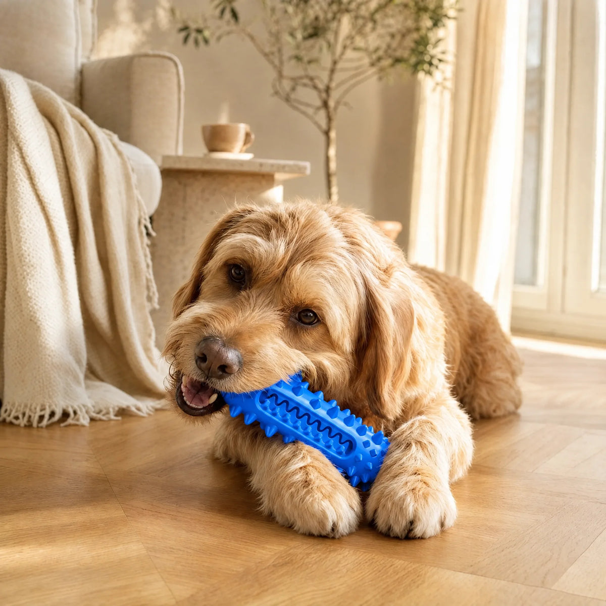 Cane in salotto che mastica lo spazzolino dentale blu