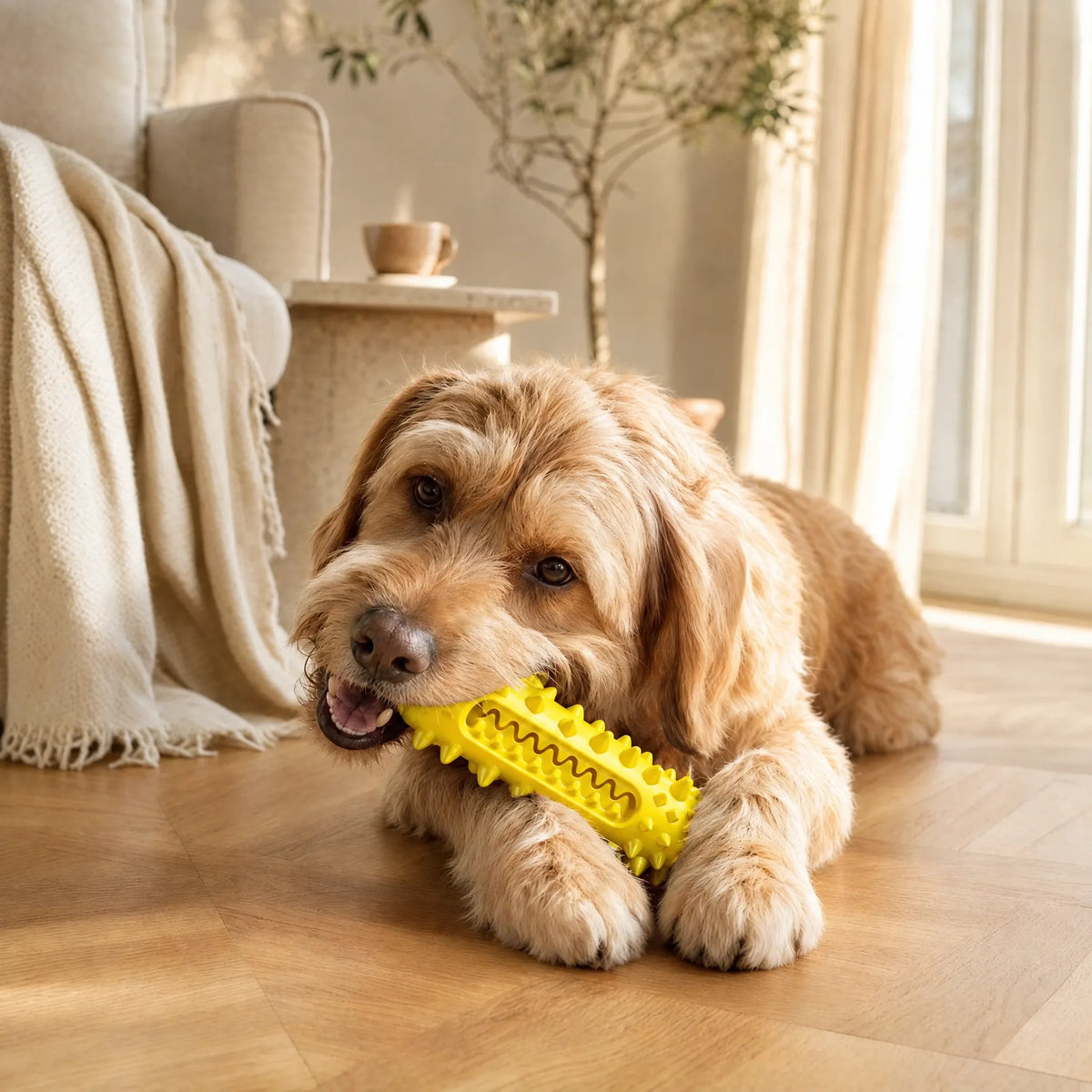 Cane in salotto che mastica lo spazzolino dentale giallo