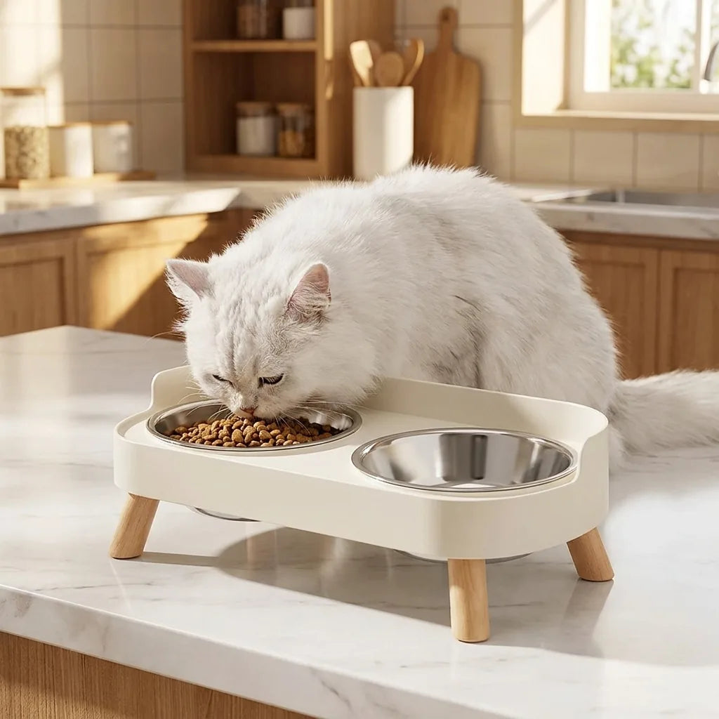 Gatto che mangia dalla stazione ciotole rialzate doppia in cucina