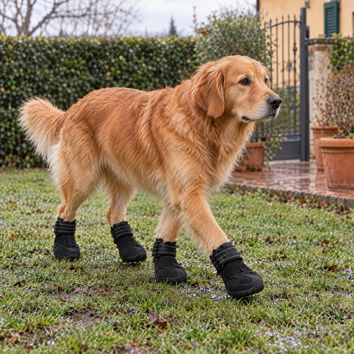 Cane con gli stivaletti neri sul prato bagnato di un giardino di casa