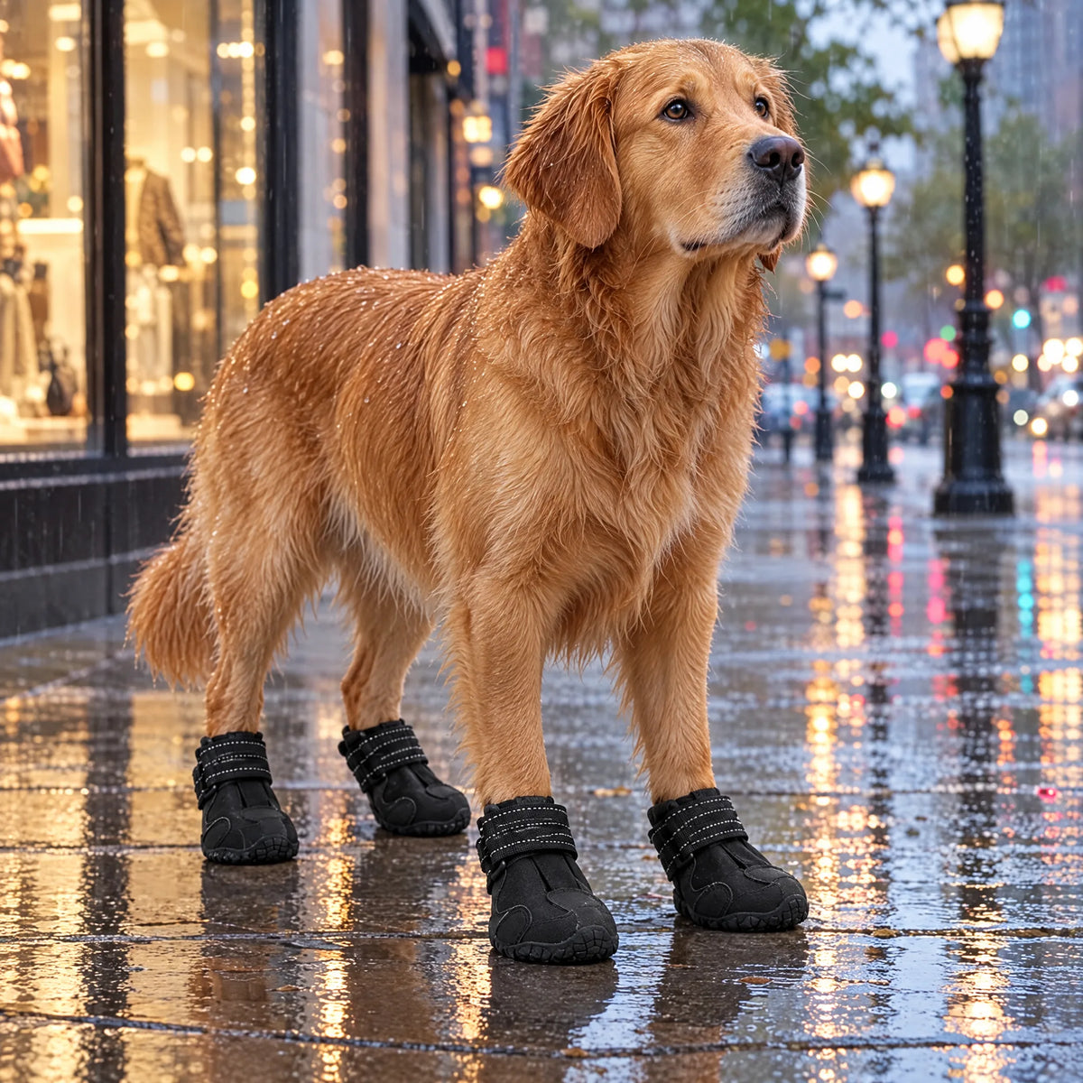 Cane con gli stivaletti neri su una strada di città bagnata dalla pioggia