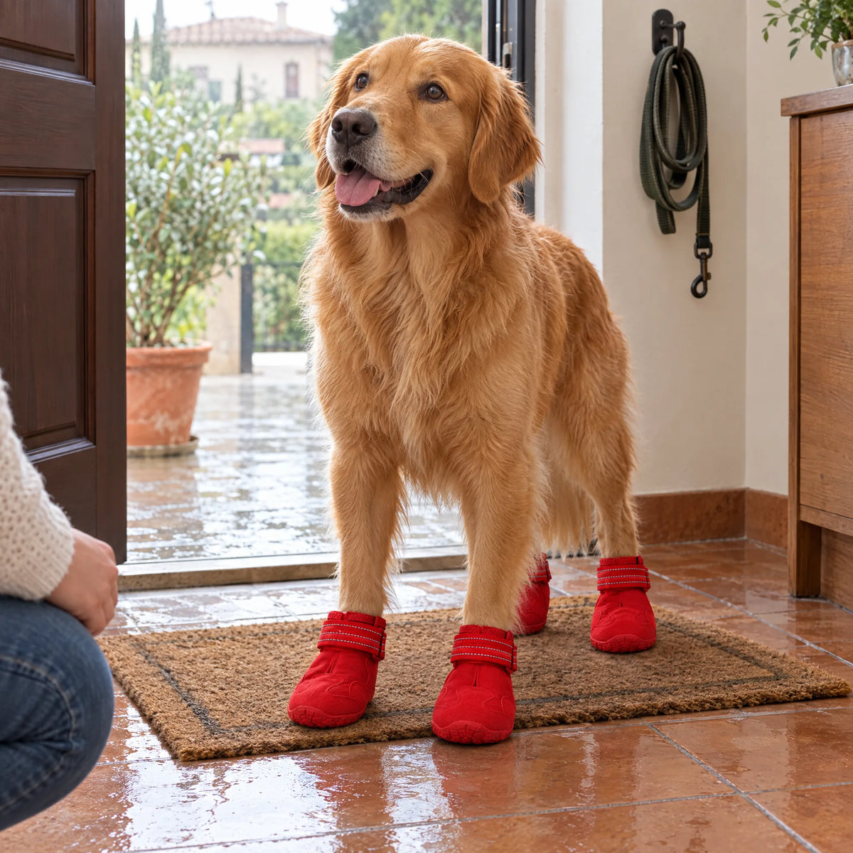 Cane con gli stivaletti rossi sullo zerbino dell'ingresso di casa