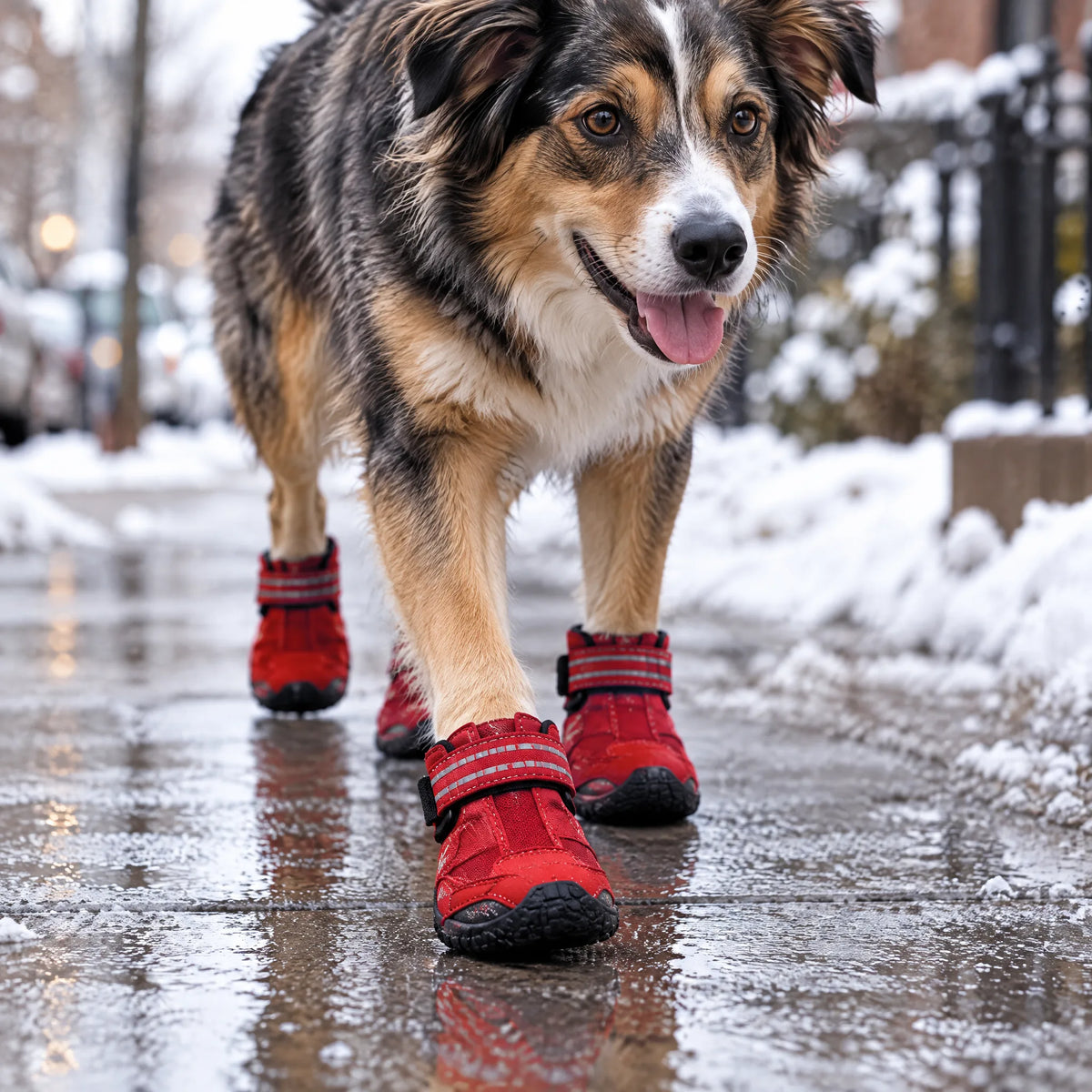 Cane con gli stivaletti rossi su un marciapiede innevato
