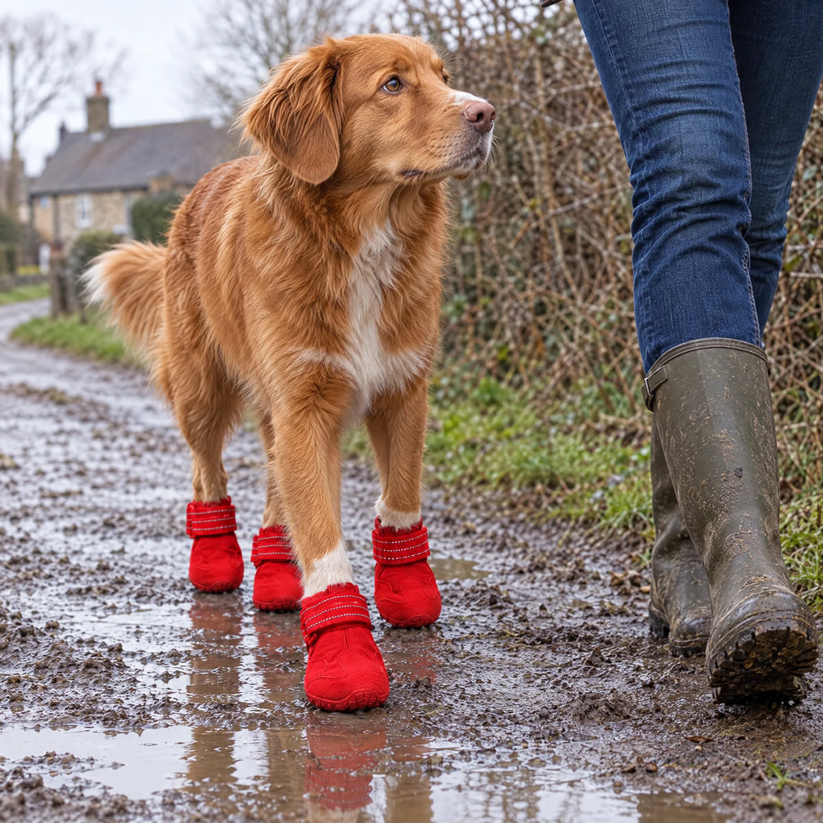 Cane con gli stivaletti rossi in passeggiata su un sentiero fangoso