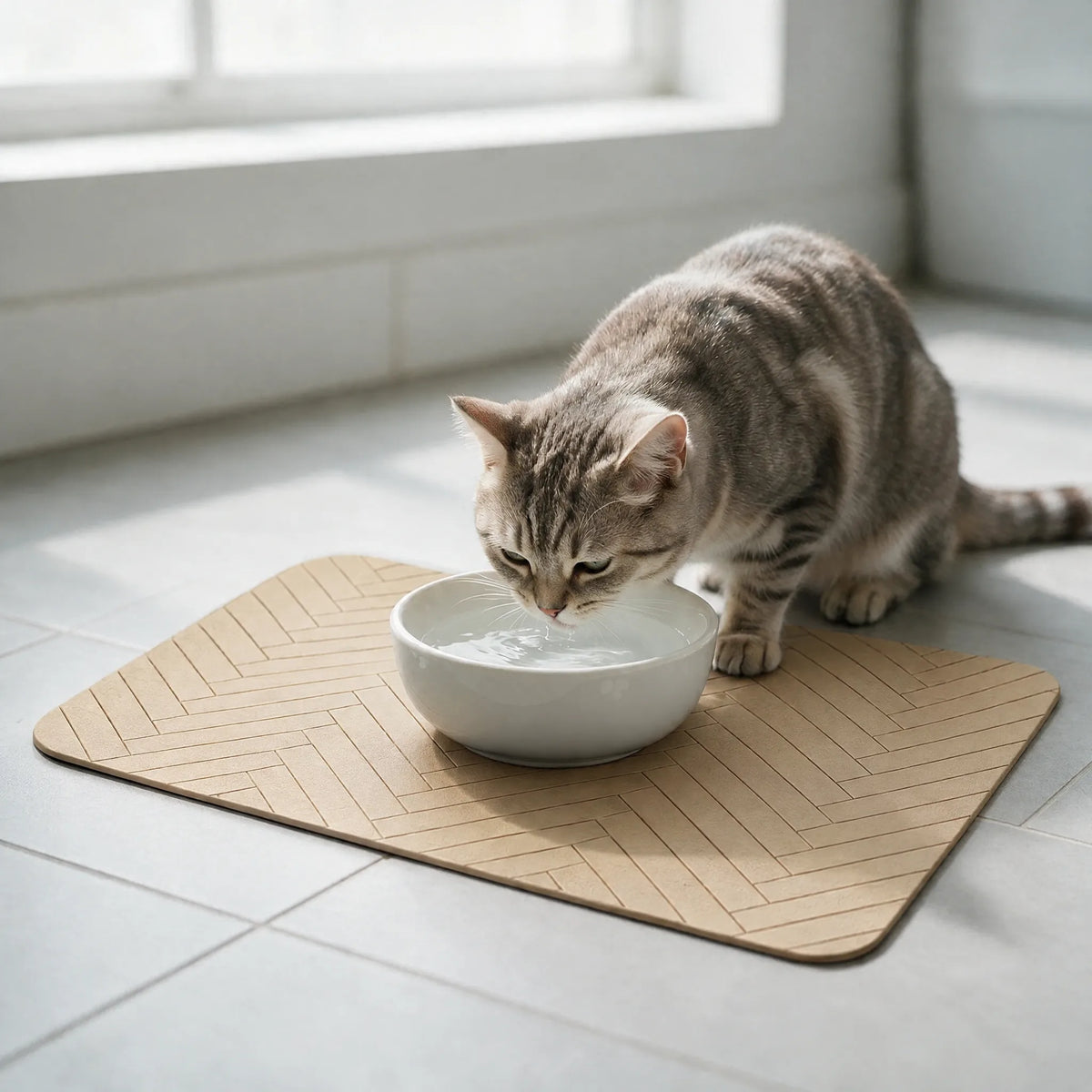 Gatto che beve dalla ciotola sul tappetino sottociotola beige