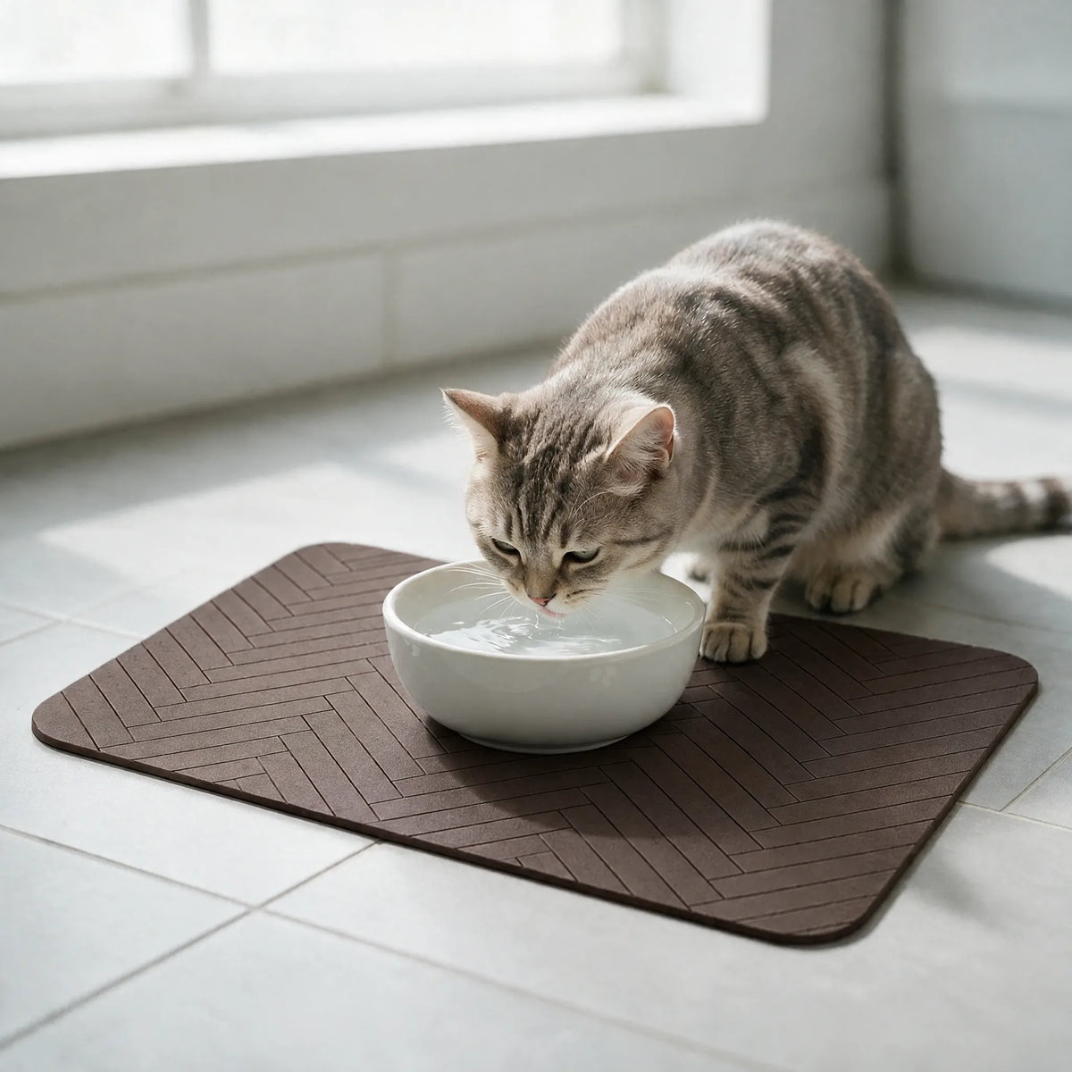 Gatto che beve dalla ciotola sul tappetino sottociotola marrone