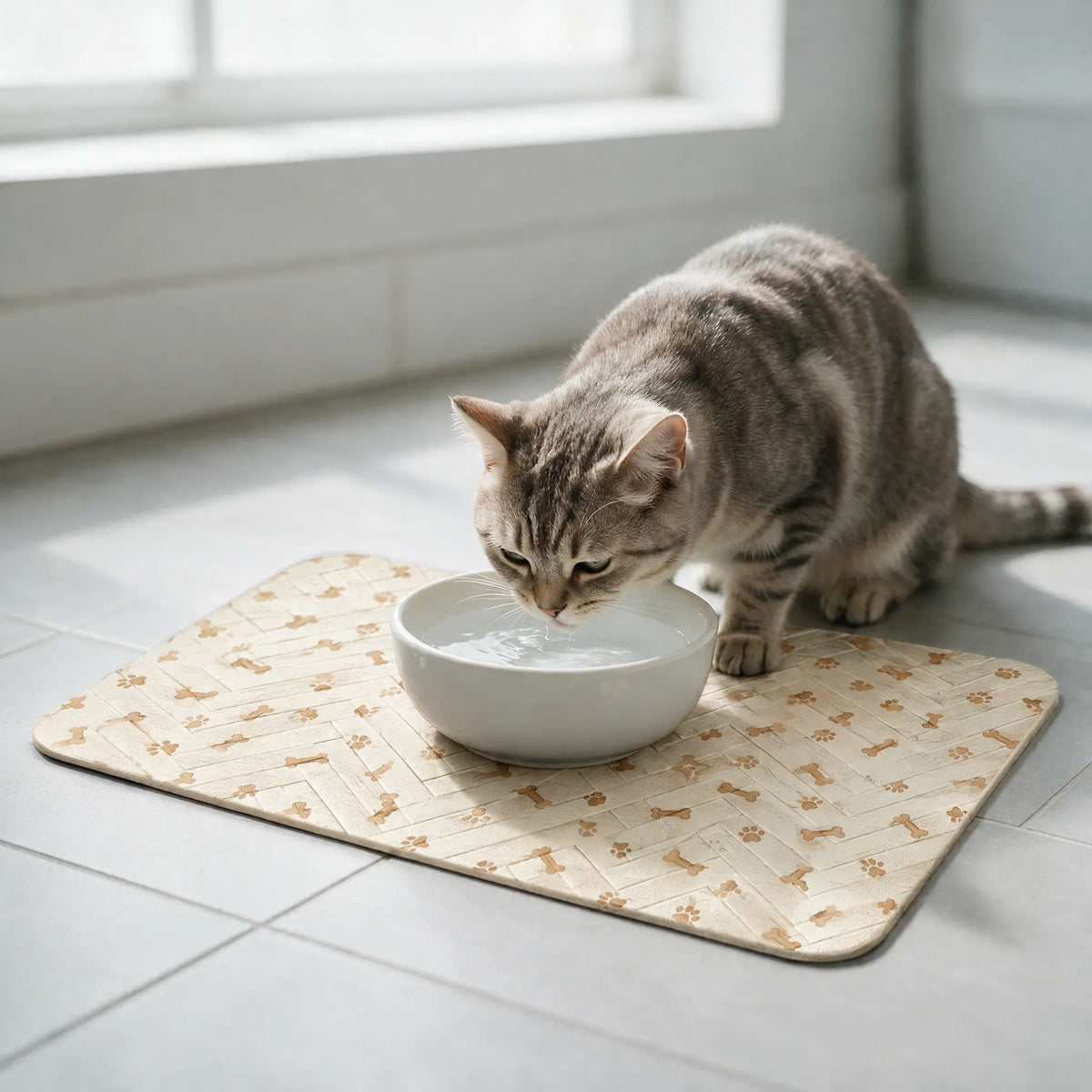 Gatto che beve dalla ciotola sul tappetino sottociotola crema con fantasia a ossa e zampe