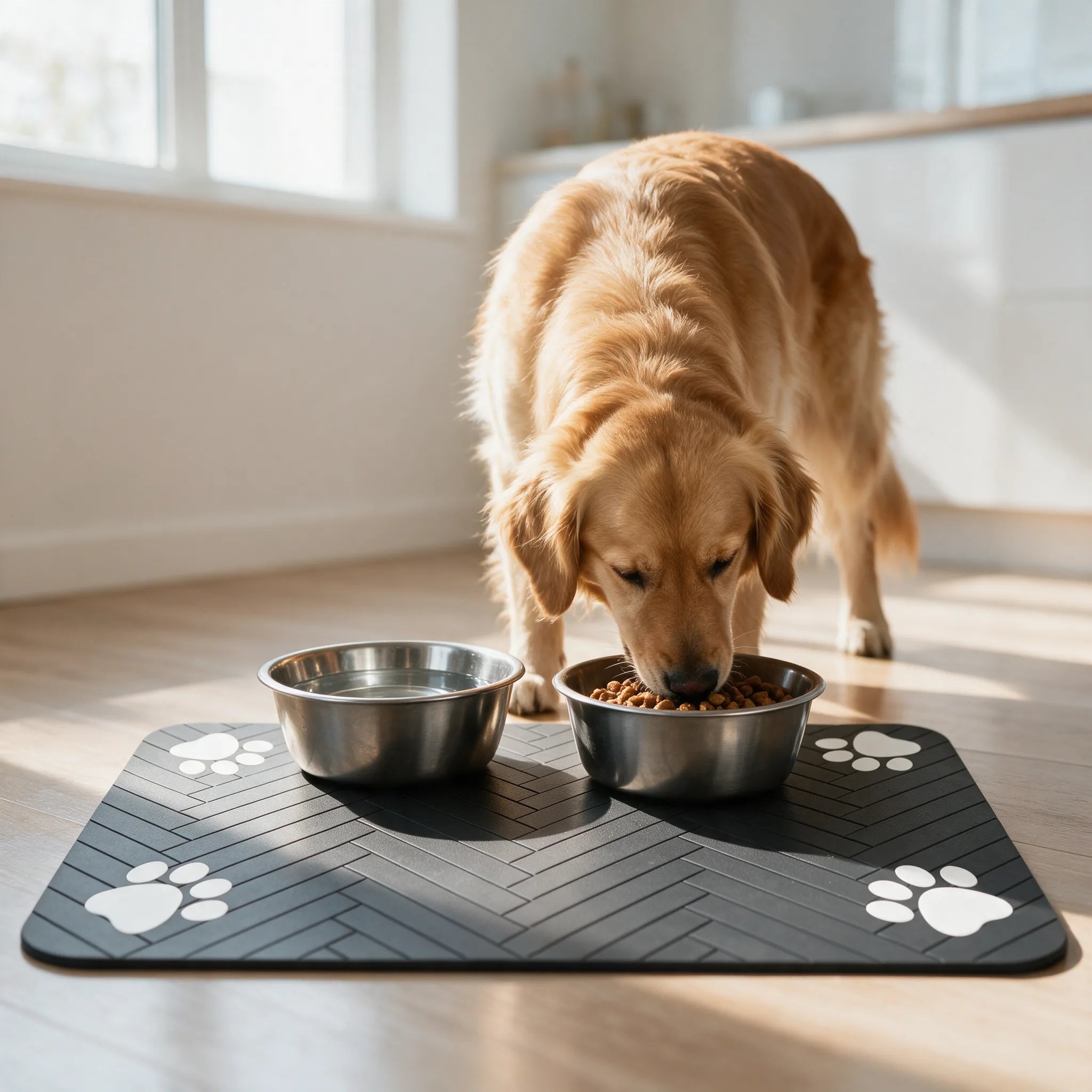 Cane golden retriever che mangia dalla ciotola sul tappetino sottociotola in cucina