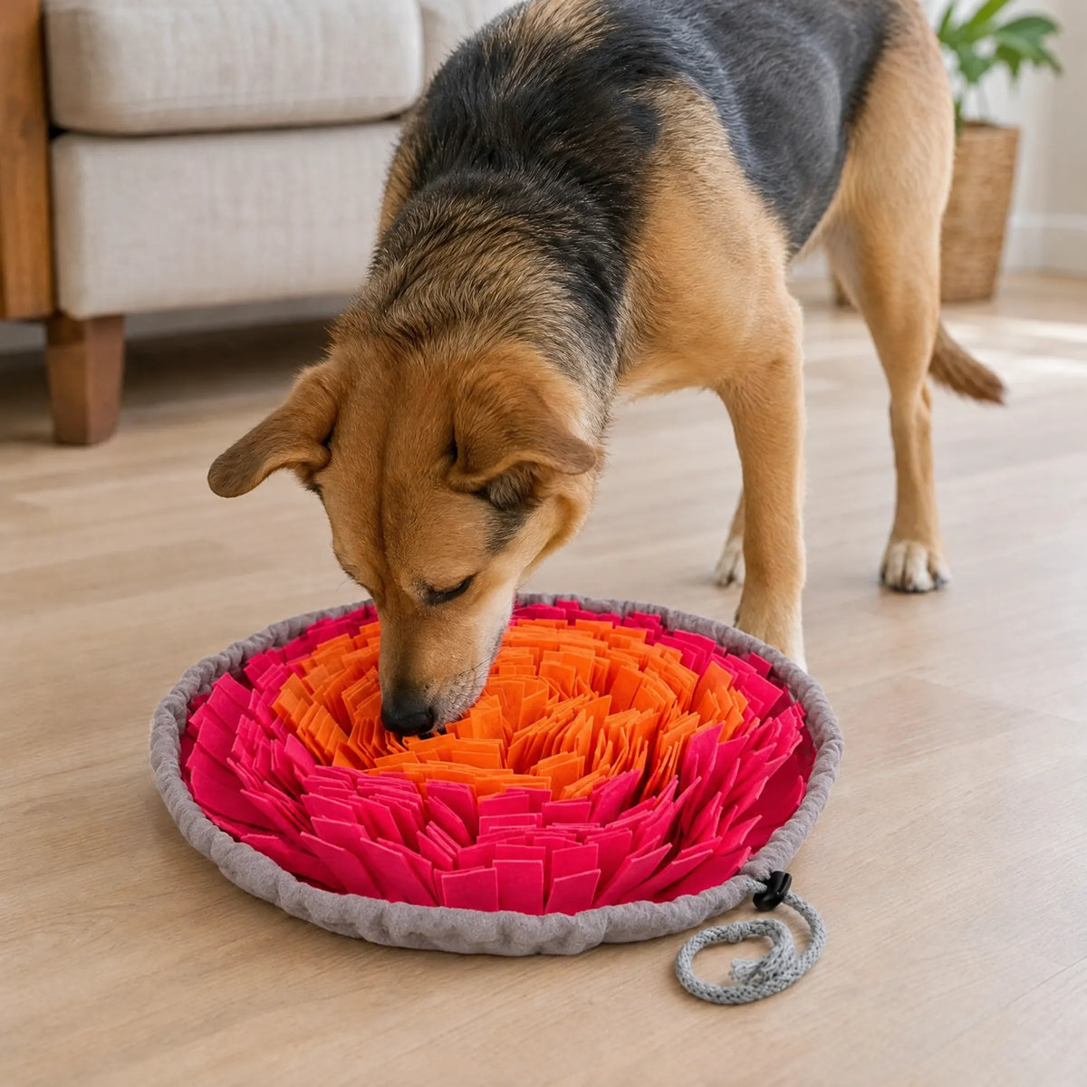 Cane che cerca bocconcini sul tappetino olfattivo in feltro fucsia e arancione