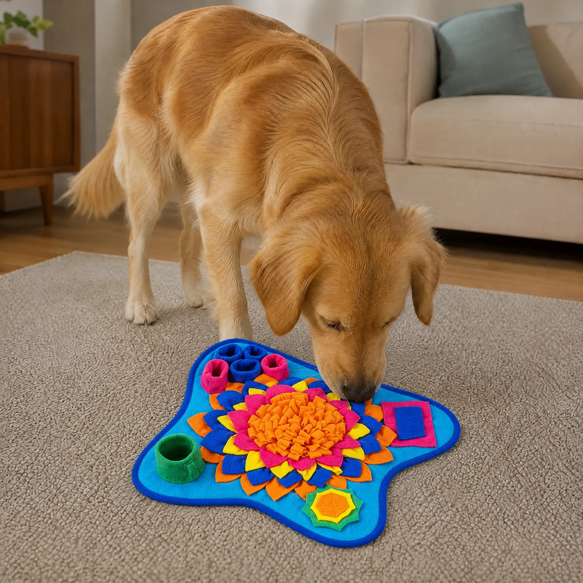 Golden retriever in salotto che annusa il tappetino olfattivo a fiore blu