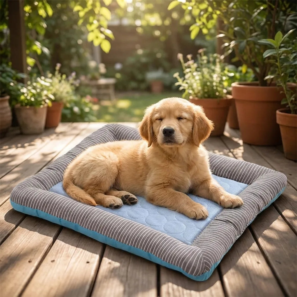Cucciolo di golden retriever disteso sul tappetino refrigerante in giardino