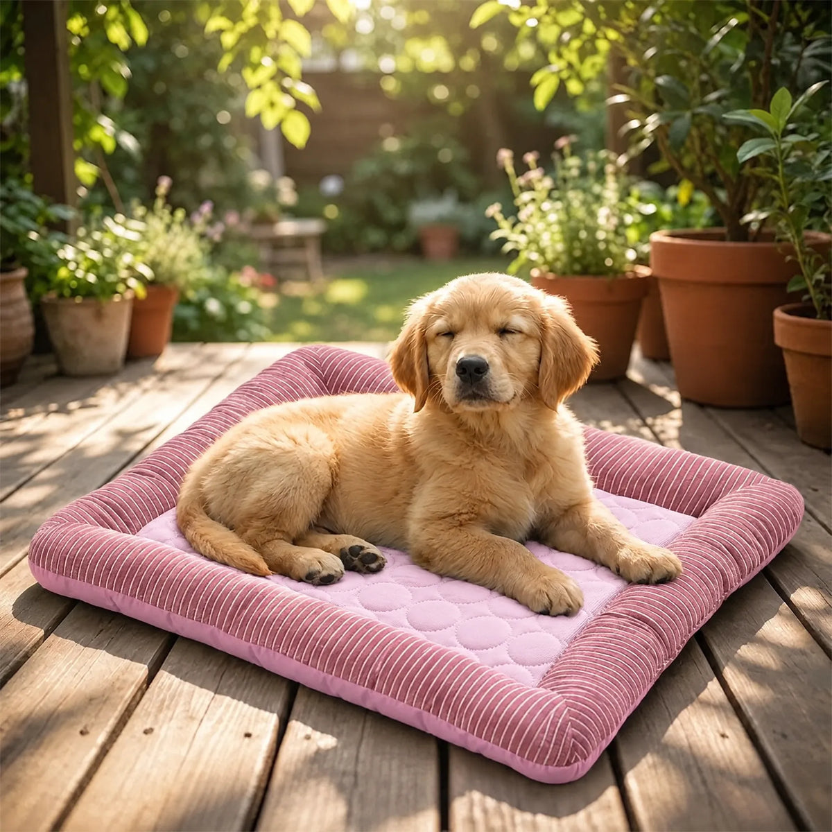 Cucciolo disteso sul tappetino refrigerante rosa in giardino