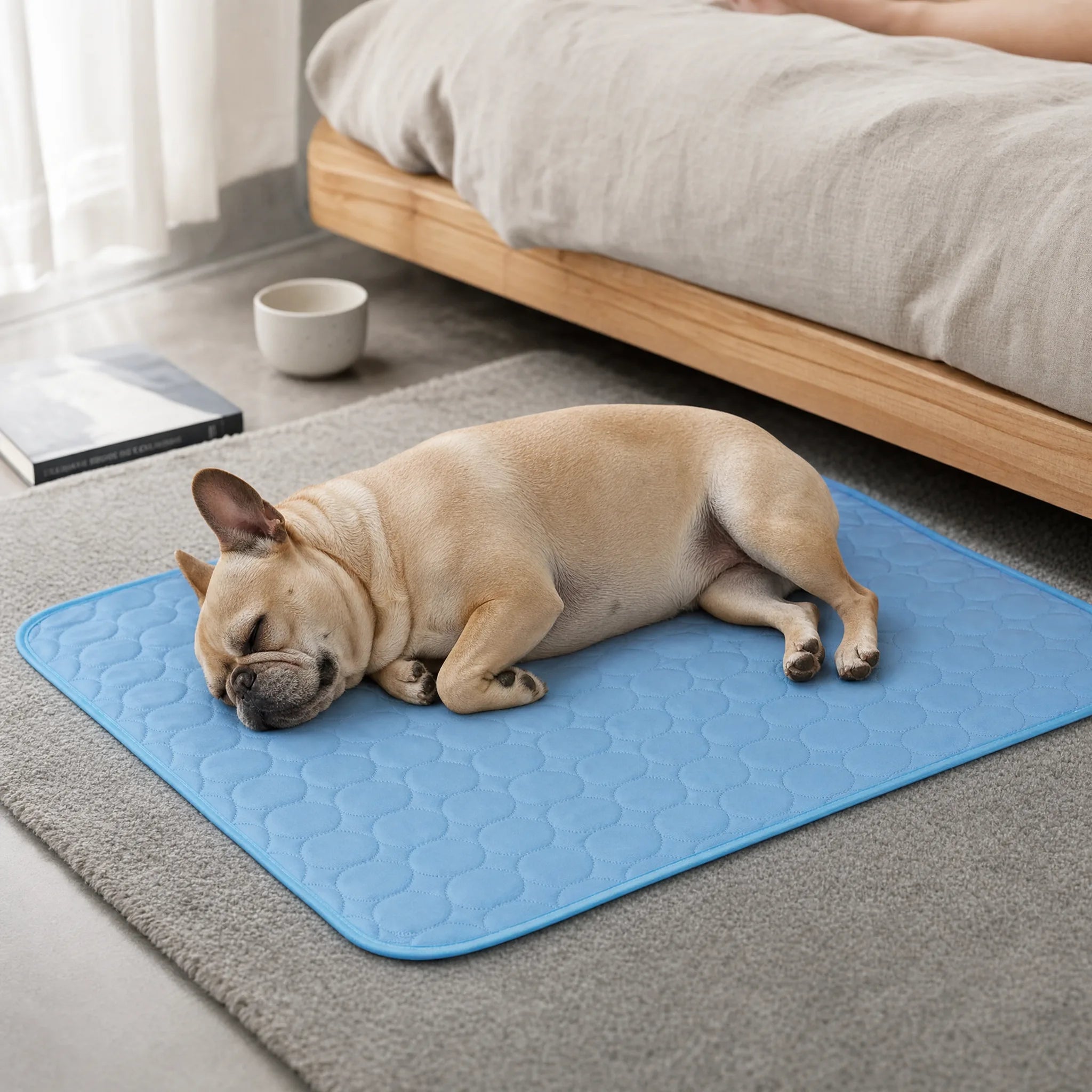 Bulldog francese che riposa sul tappetino rinfrescante accanto al letto