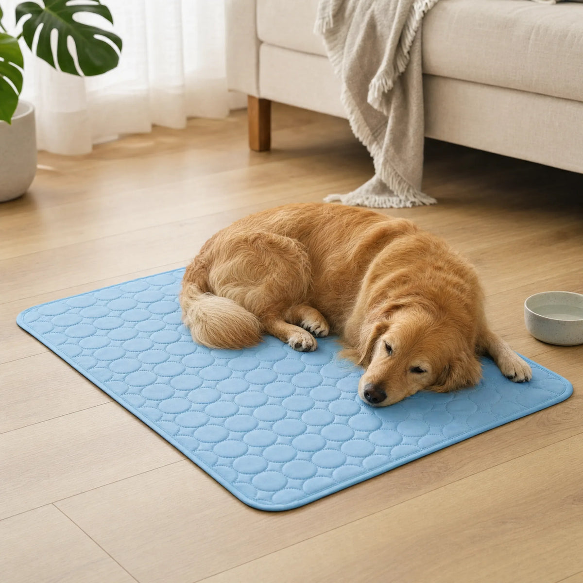 Golden retriever disteso sul tappetino rinfrescante in salotto