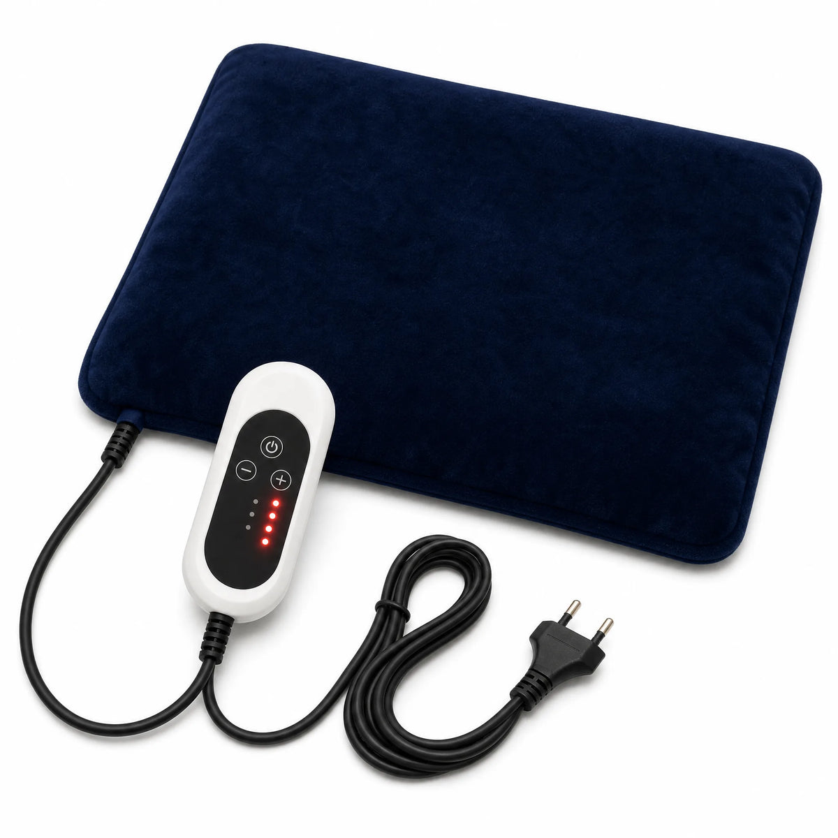 Tappetino riscaldante per cani blu navy con controller e cavo su sfondo bianco