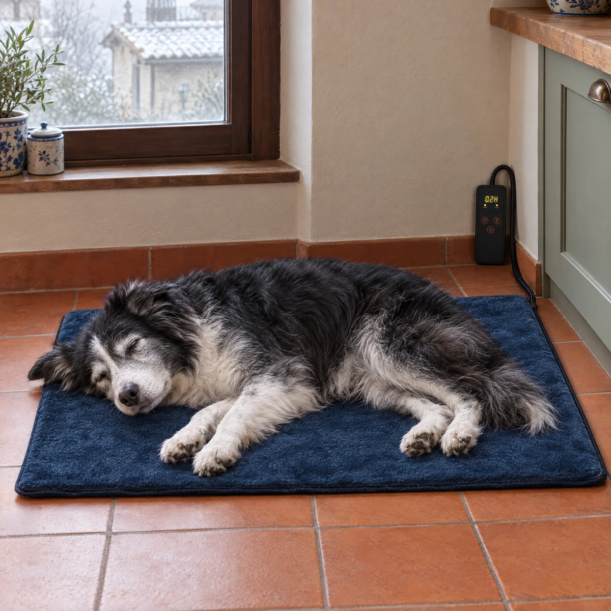 Border collie anziano che dorme sul tappetino riscaldante blu misura L in cucina