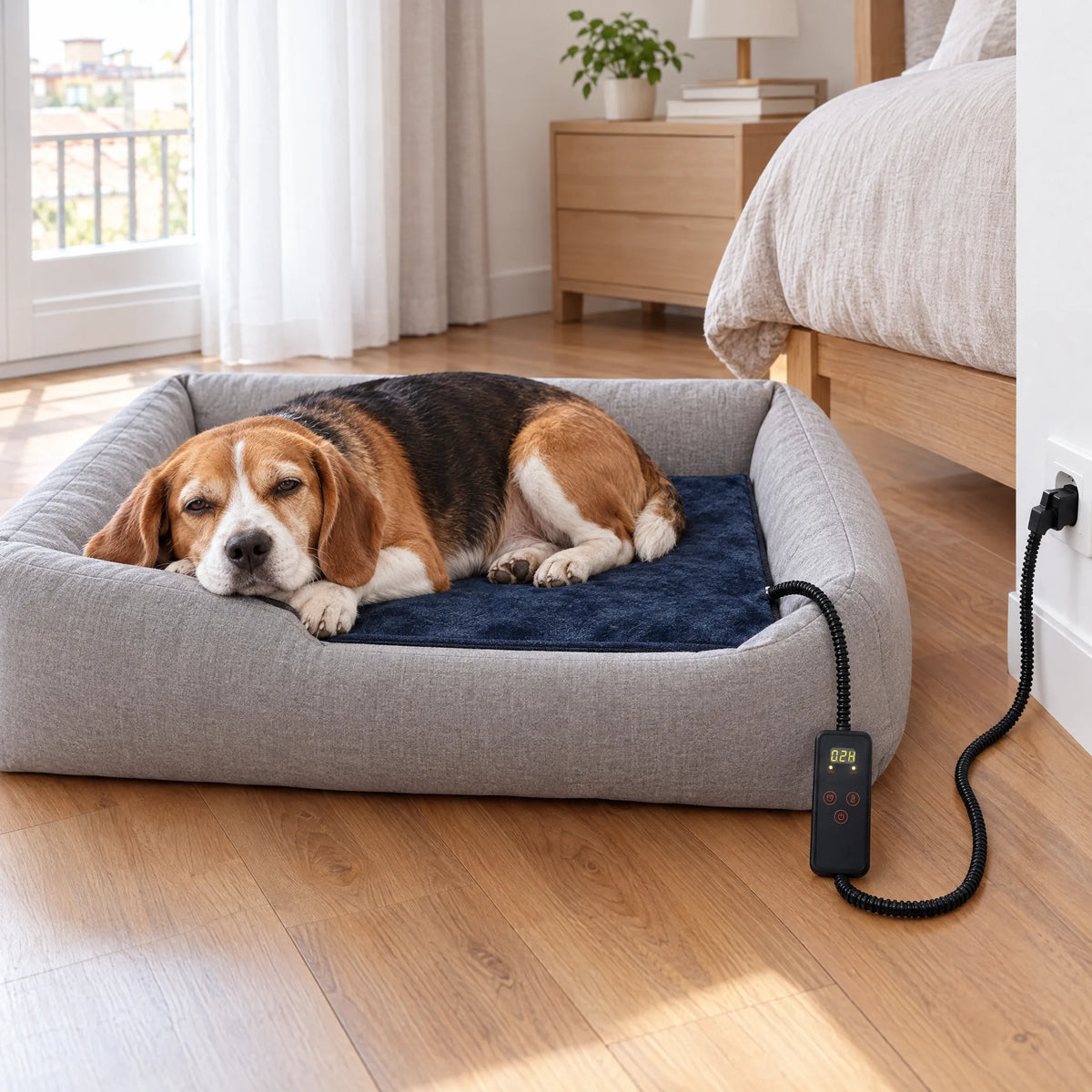 Beagle sdraiato sul tappetino riscaldante blu misura M dentro la sua cuccia
