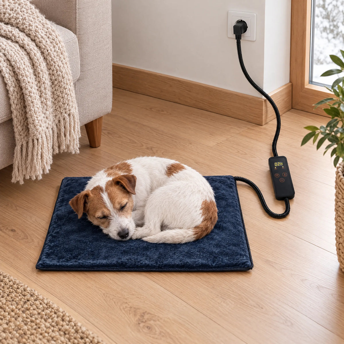 Jack Russell che dorme sul tappetino riscaldante blu misura S in soggiorno