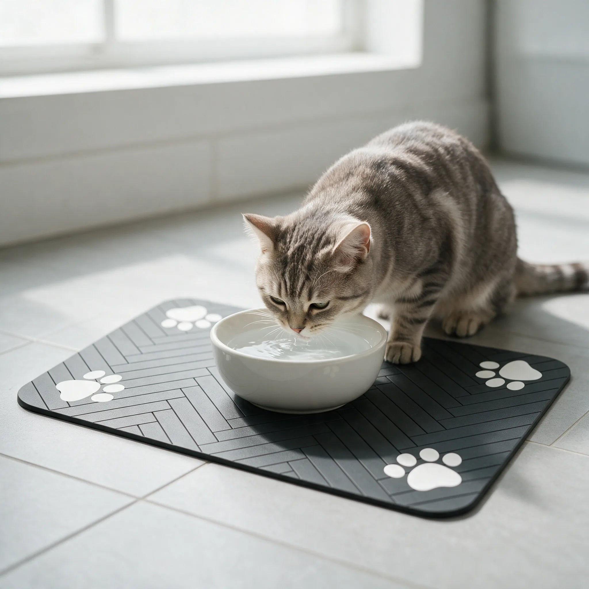 Gatto che beve acqua dalla ciotola sul tappetino sottociotola